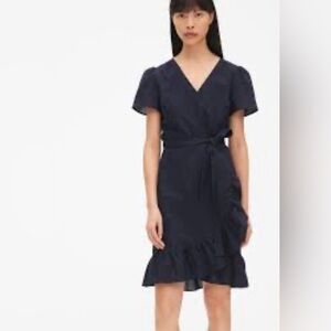 GAP Sz XL Mini Wrap Dress Linen Blend Ruffle Hem Short Sleeve NEW WITH TAG Navy